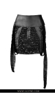 Cekinowa spodnica mini z czarnymi paskami z imitacji skóry, drapowane czarne cekiny srebrne   Sjofne