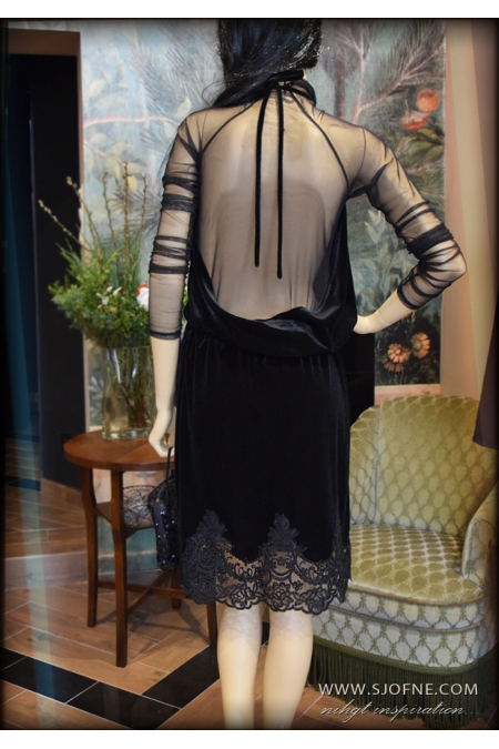 czarna sukienka z haftem welur black velvet dress with lace черное бархатное платье с кружевом sjofne