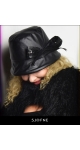 Elegancki czarny Bucket hat ze skóry ocieplany podwójny z kokardą Sjofne- Polski projektant mody