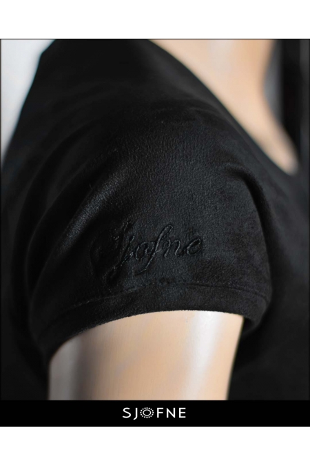 Czarna bluzka z krótkim rękawem z imitacji zamszu idealna do pracy, na co dzień Sjofne Eleganckie bluzki do spodni Sklep internetowy