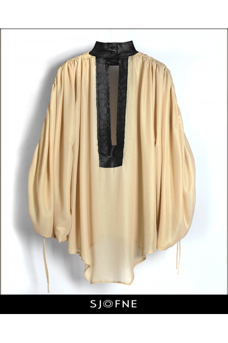 Elegancka złoto czarna bluzka koszula z bufiastymi rękawami SJOFNE Sklep internetowy projektanta mody
