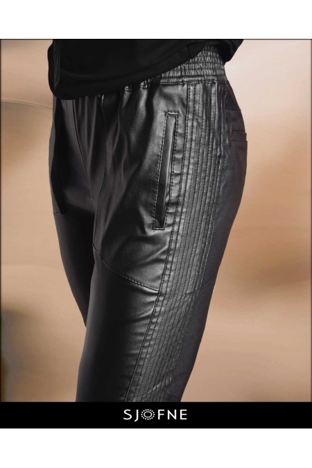 Czarne skórzane spodnie z wysokim stanem Sjofne Polski projektant mody Sklep internetowy