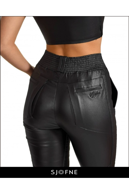 Spodnie skórzane push up czarne wysoka talia Sjofne Seksowne spodnie do stylizacji rockowej
