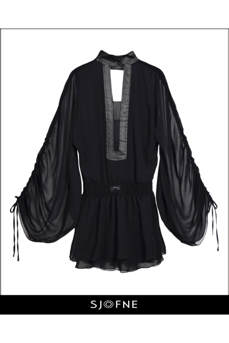 Elegancka czarna sukienka wieczorowa mini z bufiastymi rękawami od polskiej projektantki mody Sjofne