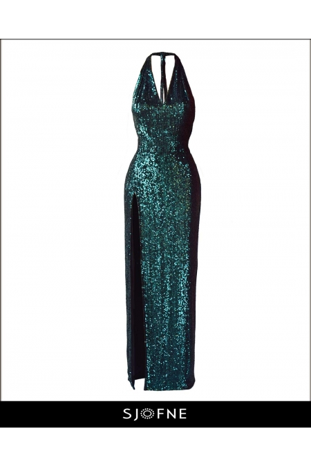 Ekskluzywna długa sukienka wieczorowa na wesele ciemnozielona | Sjofne | Zjawiskowe suknie wieczorowe od projektanta mod