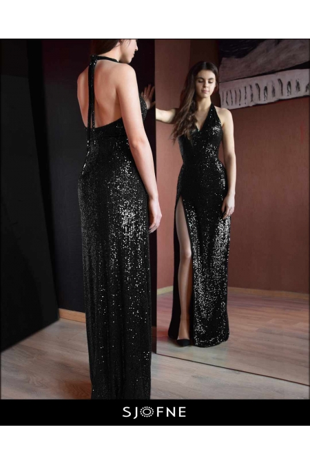 Ekskluzywne sukienki wieczorowe | SJOFNE | sukienka z odkrytymi plecami cekiny czarna z rozcięciem od projektanta mody