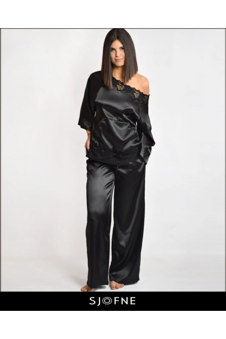 Eleganck komplet domowy z czarnej satyny szerokie spodnie i kimono Sjofne Odzież domowa komplet  Homewear