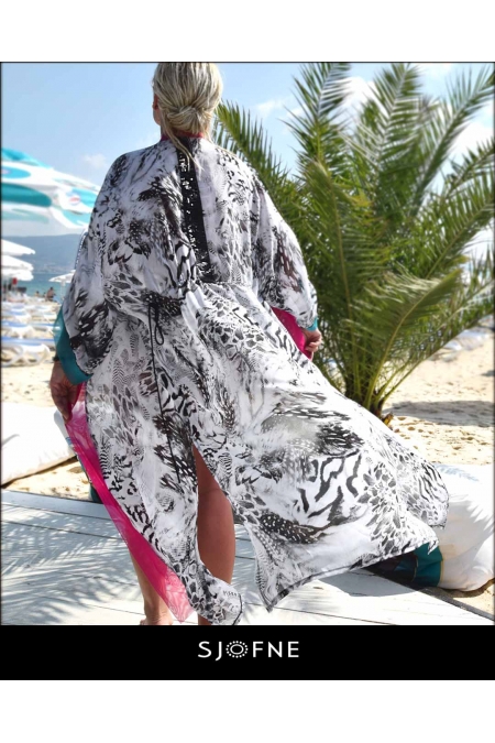 Długie kimono, lekki peniuar tunika narzutka plażowa, kolorowe pareo Sjofne -moda plażowa