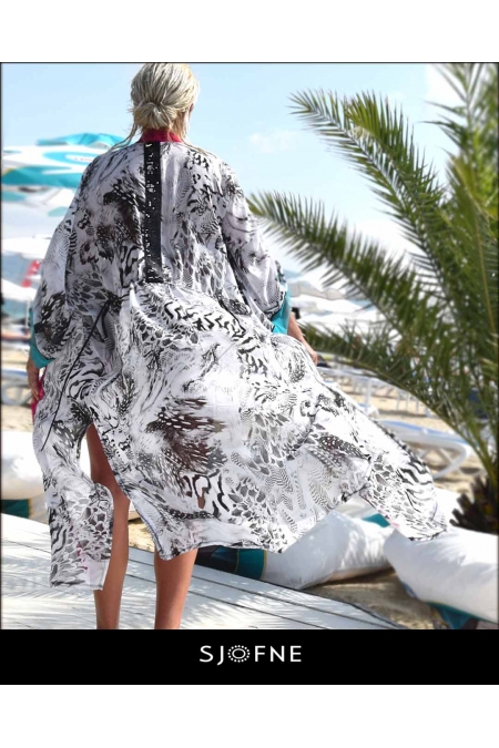 Peniuar, kimono ,długa tunika narzutka plażowa, kolorowe pareo Sjofne -moda plażowa