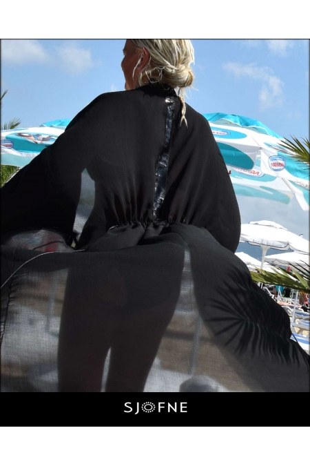 Elegancki, długi, czarny peniuar - kimono, narzutka, tunika na plażę - Sjofne - Ekskluzywna moda plażowa