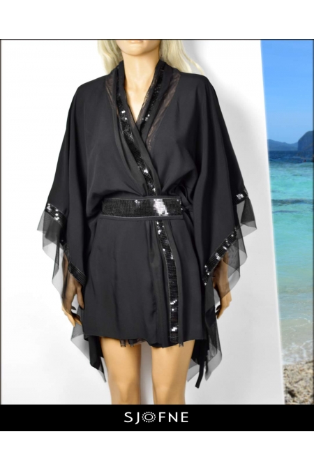 Czarne kimono z cekinami | SJOFNE |  Ekskluzywne tuniki plażowe - Sklep internetowy