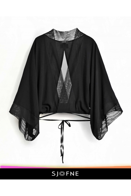 Elegancka czarna bluzka w stylu kimono szerokimi rękawami 3/4    czarny top Sjofne Polska projektantka Sklep internetowy