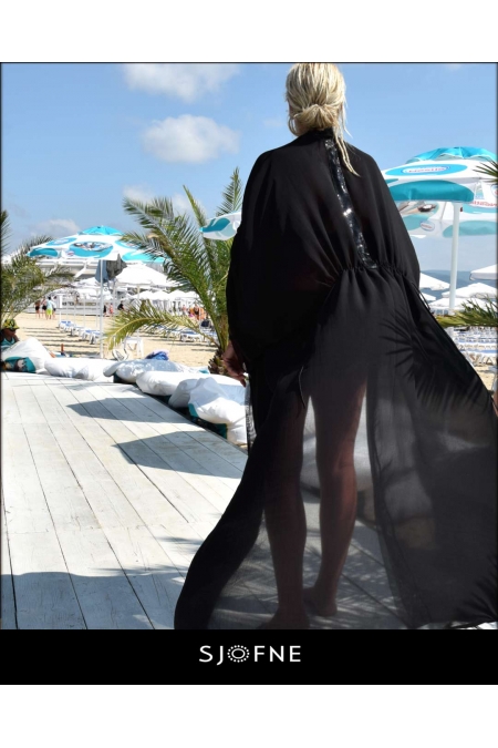 Elegancki, długi, czarny peniuar - kimono, narzutka, tunika na plażę - Sjofne - Ekskluzywna moda plażowa