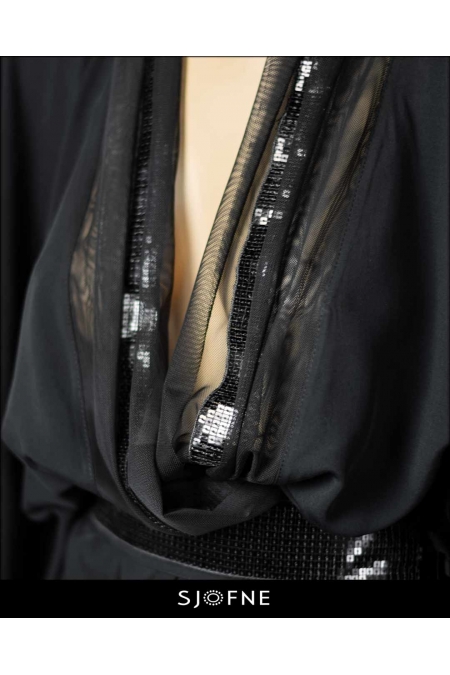 Eleganckie czarne tuniki z siateczką i cekinami | SJOFNE | Ekskluzywne bluzki wieczorowe i wizytowe | Sklep internetowy projektanta mody