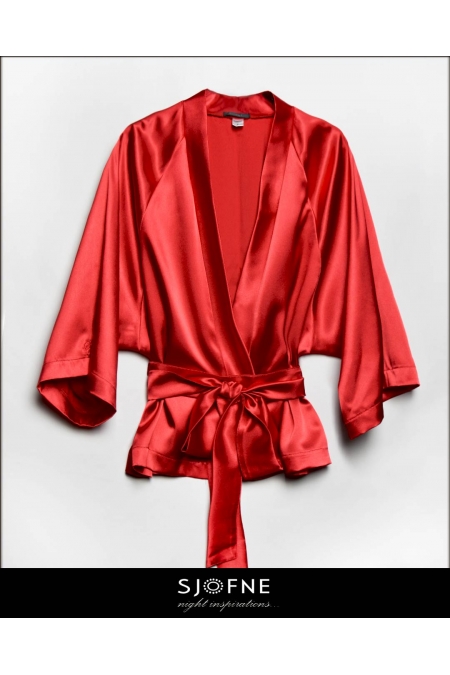 Elegancki czerwony krotki sexy szlafroczek kimono z satyny Sjofne